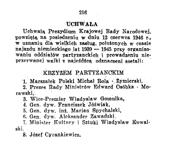 Uchwała 12.06.1960 nadająca odznaczenia
