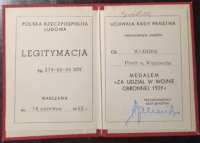 Legitymacja do medalu 1939 nadana w 1982r.