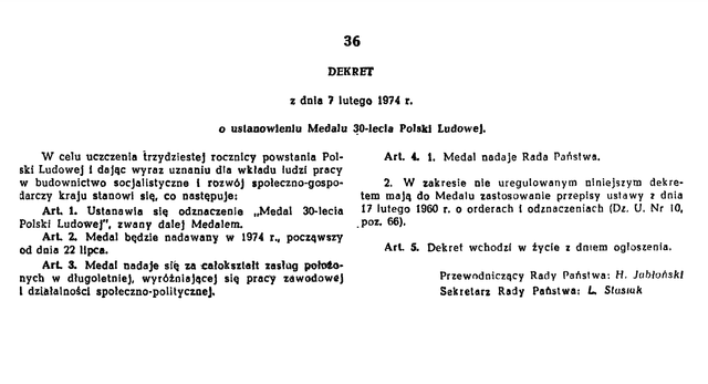 Dekret o ustanowieniu odznaczenia