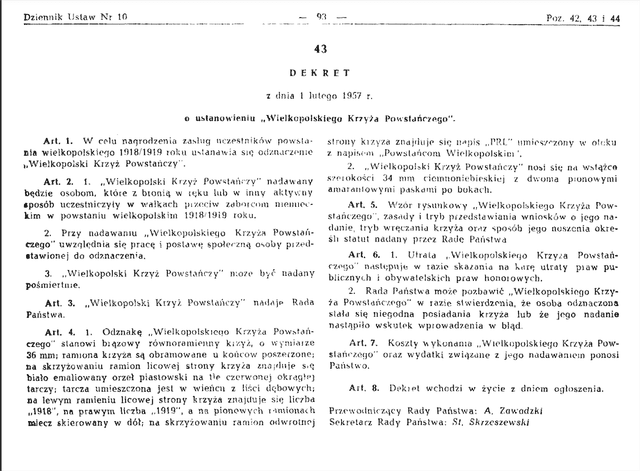 Dekret z 01.02.1957r. o ustanowieniu Wielkopolskiego Krzyża Powstańczego
